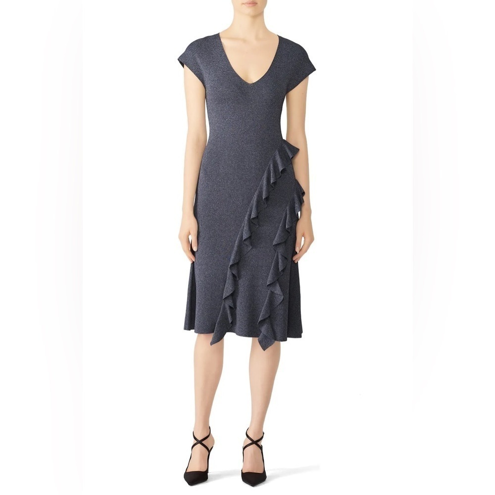 Sachin + Babi Rayon Heather Grey Knit Cascading Ruffles Feminine Dress Sz L